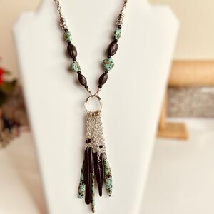 Boho Necklace Painted Mixed Beads And Chains 28"  Green Black Beaded Tassel